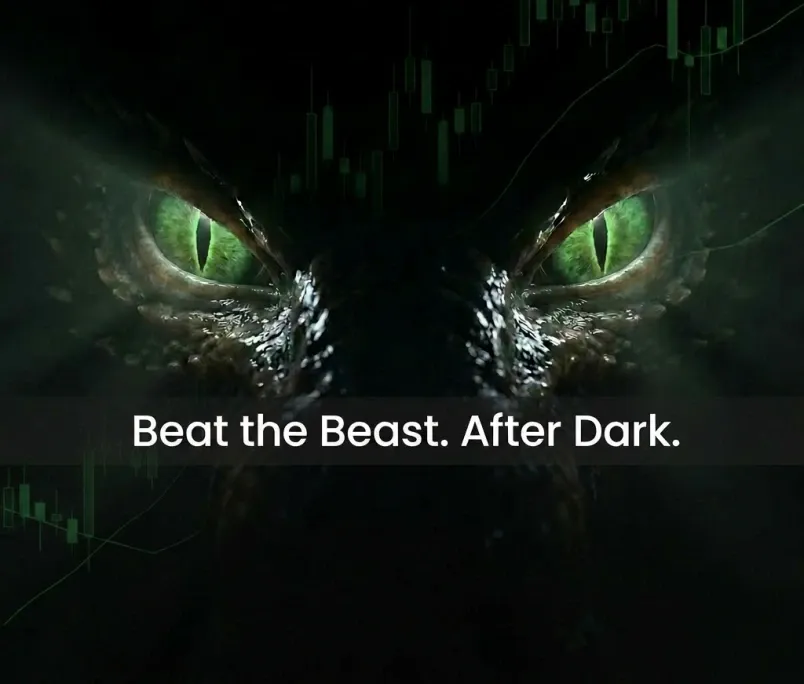 Dragon eyes glowing in the dark over a candlestick chart, symbolizing Beat the Beast After Dark