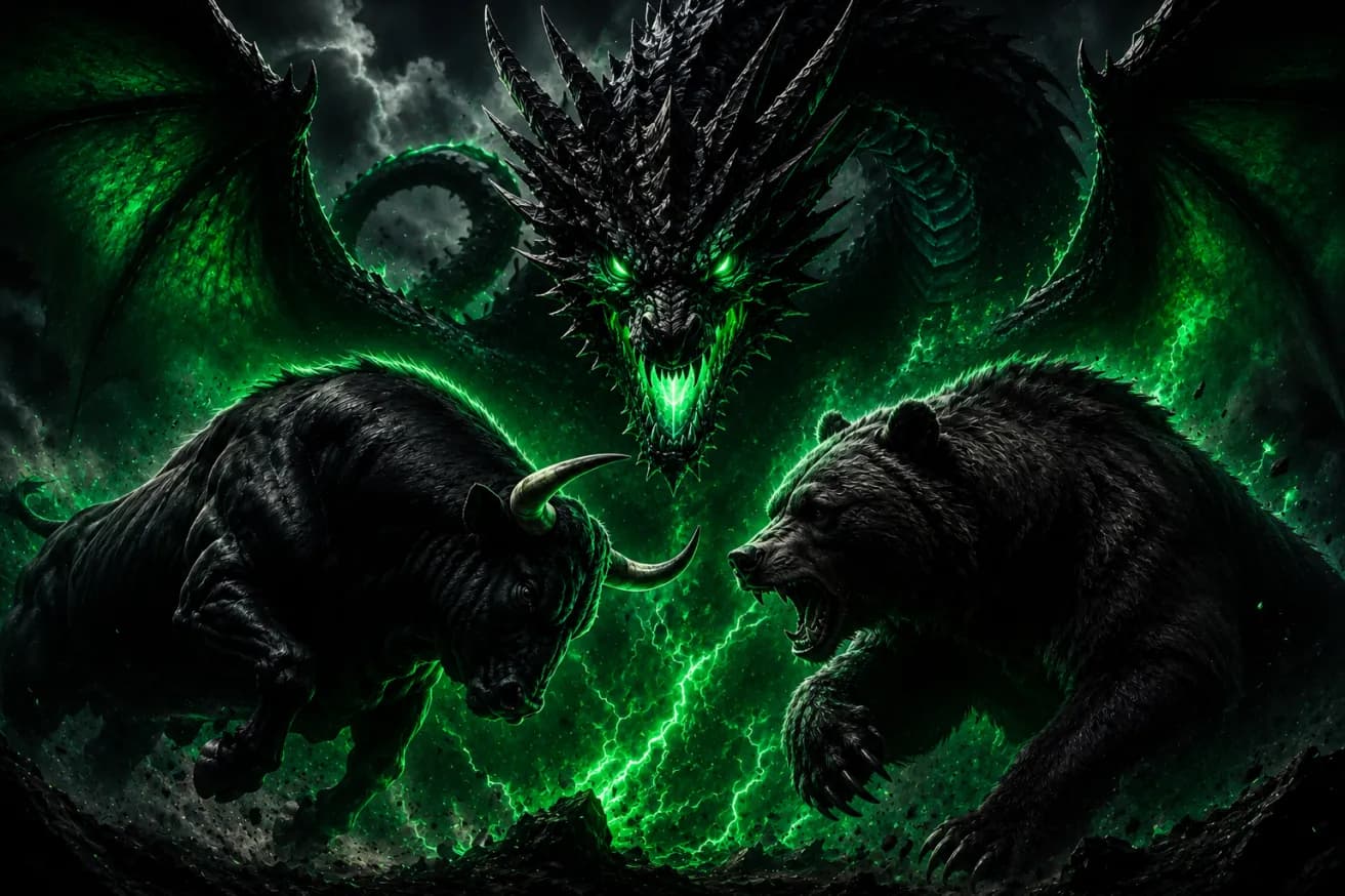 Dragon facing off against a bull and bear, symbolizing Beat the Beast