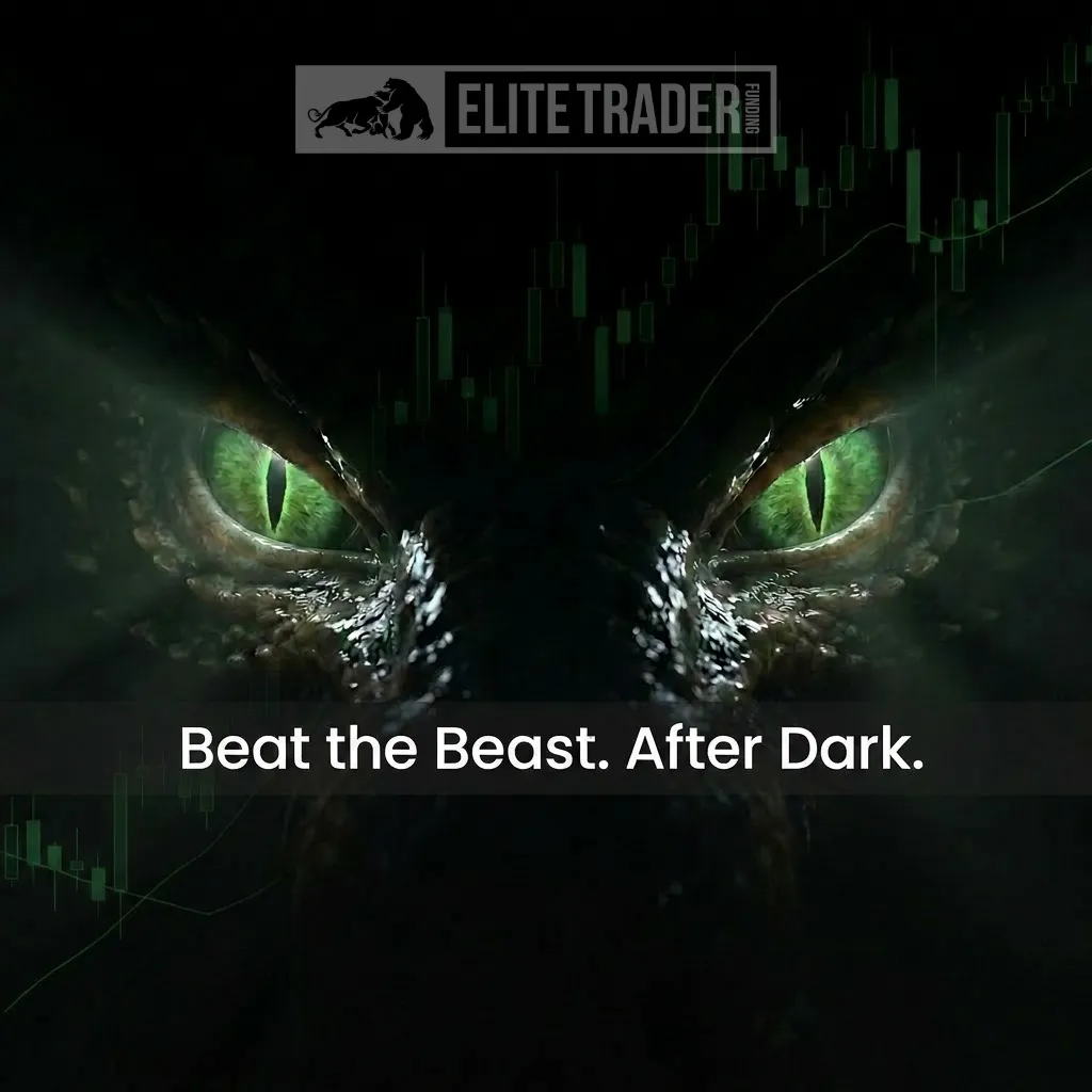 Dragon eyes glowing green against a candlestick chart, Beat the Beast After Dark