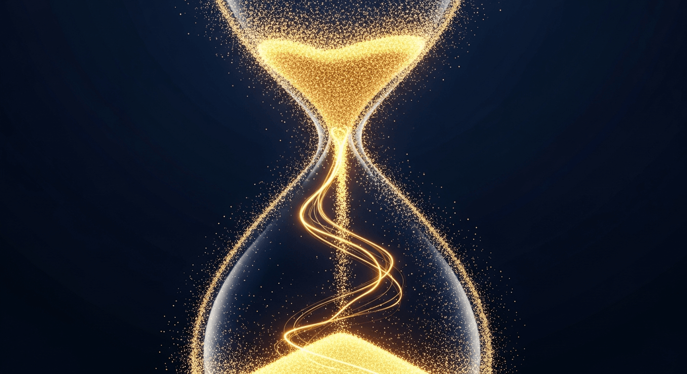 Hourglass dissolving into golden particles representing no time limit prop firm evaluations